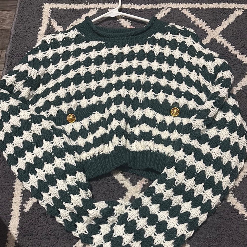 HYFVE Green and White Crew Neck Sweater with Geometric Design